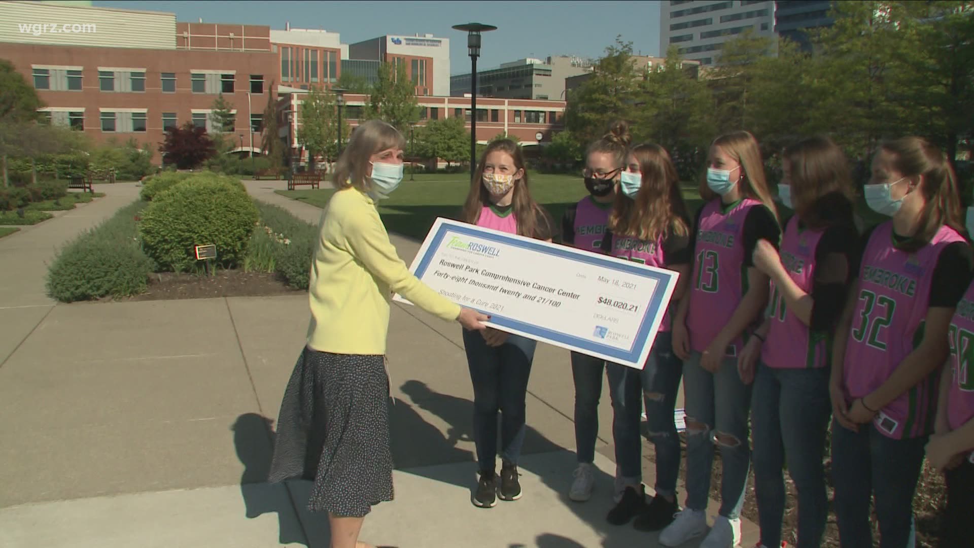 The girls of Pembroke basketball were at Roswell Park today to hand over a check for 48-thousand dollars...