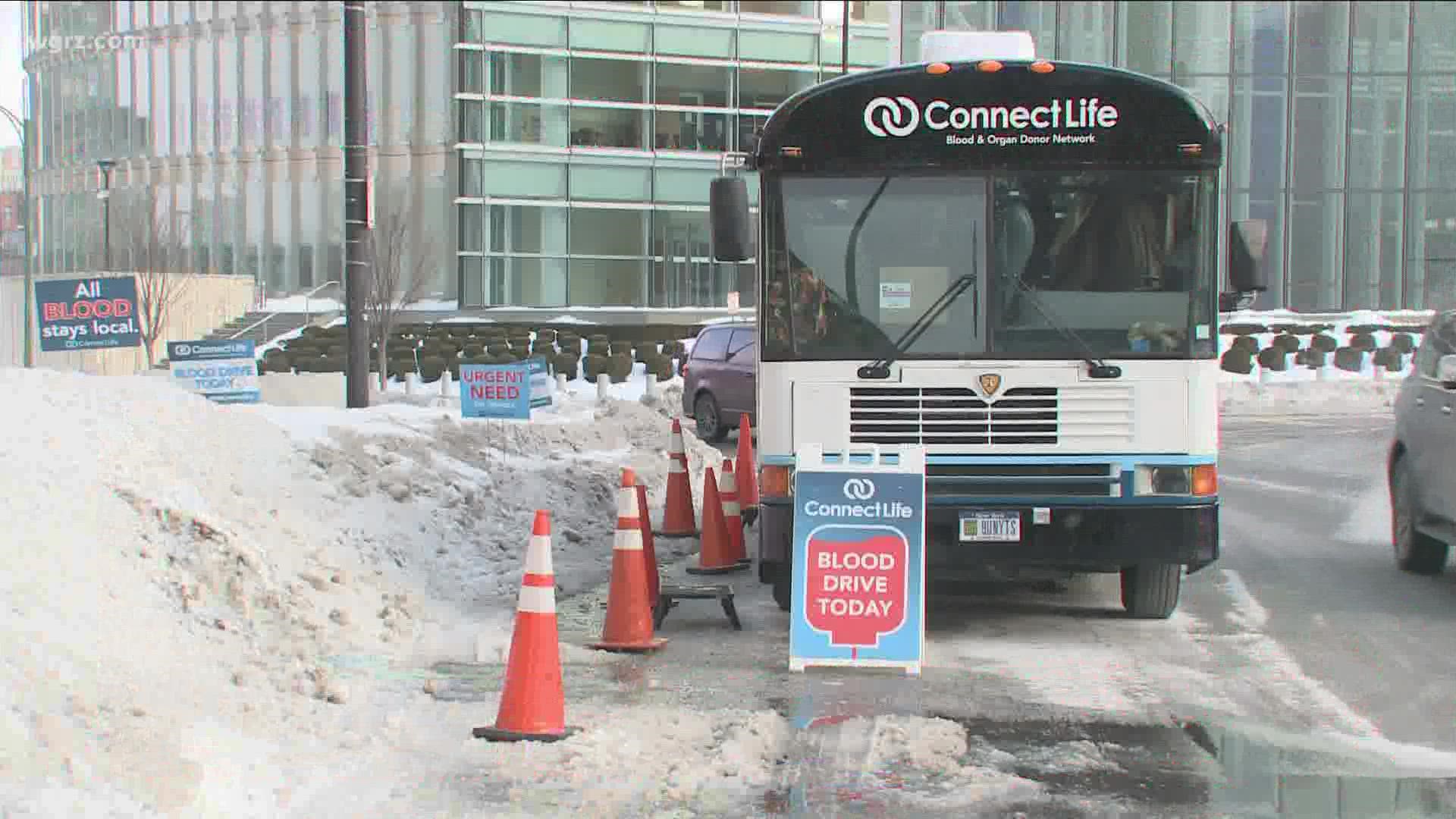 The mobile blood bus is parked outside of city hall from now until 3 p-m.