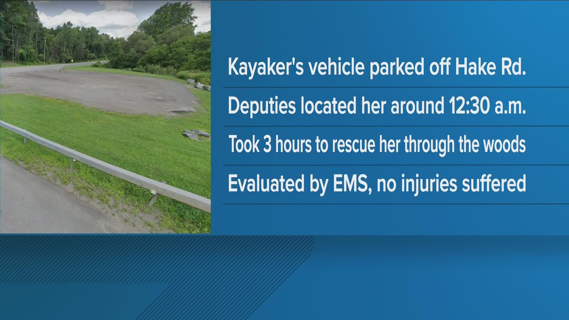 The female kayaker was found around 12:30 a.m., but treacherous conditions made the return difficult.