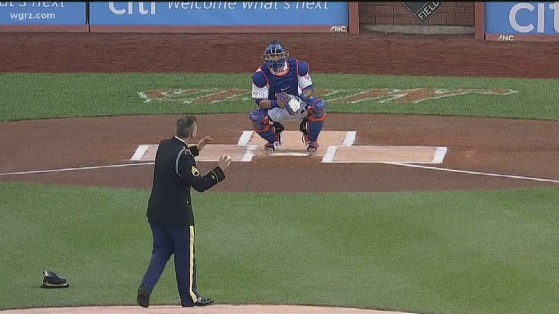 After ringing the opening bell at the New York Stock Exchange earlier Wednesday, the Medal of Honor recipient was hosted at the Mets, Yankees game in New York City.