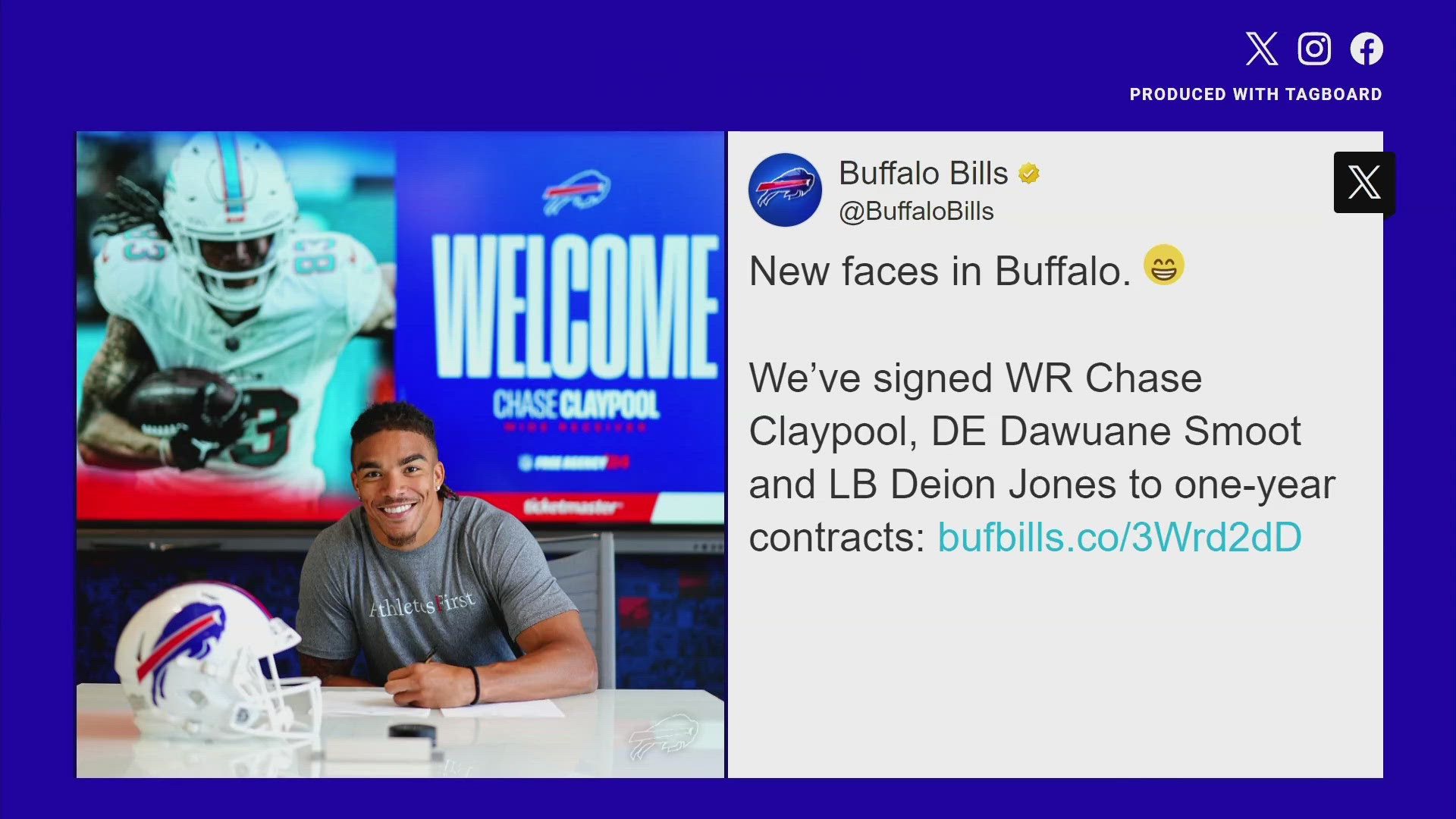 The Buffalo Bills have signed WR Chase Claypool, LB Deion Jones and DE Dawuane Smoot.