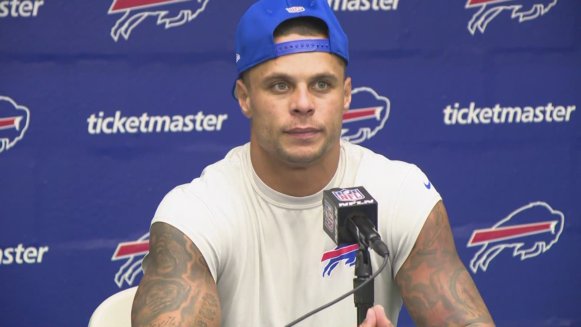 Jordan Poyer spoke at a news conference on Thursday, ahead of a Week 2 home game vs. the Las Vegas Raiders.