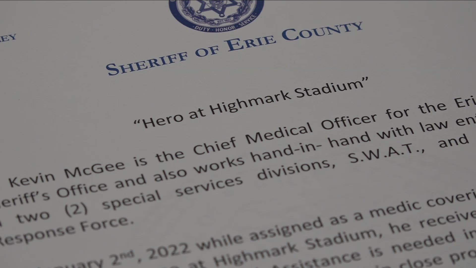 A member of the Erie County Sheriff's Office is being recognized for his life-saving measures at a Bills game in January 2022.