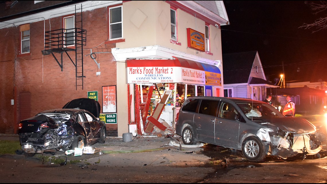 Two car crash damages corner store in Niagara Falls