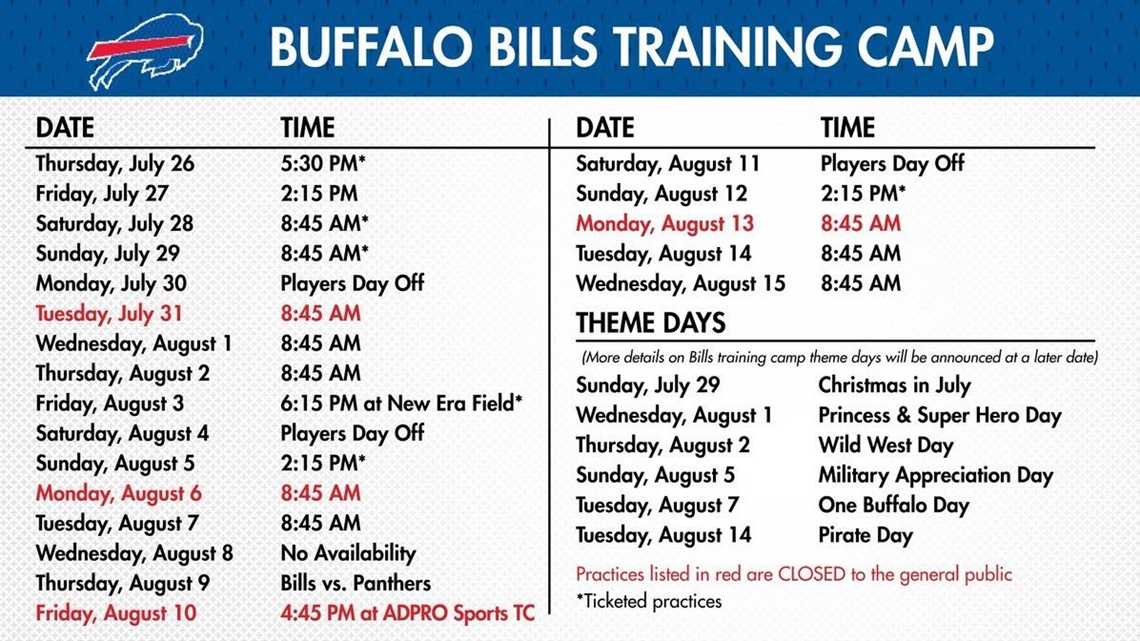 Buffalo Bills release training camp schedule; 3 dates open to fans 