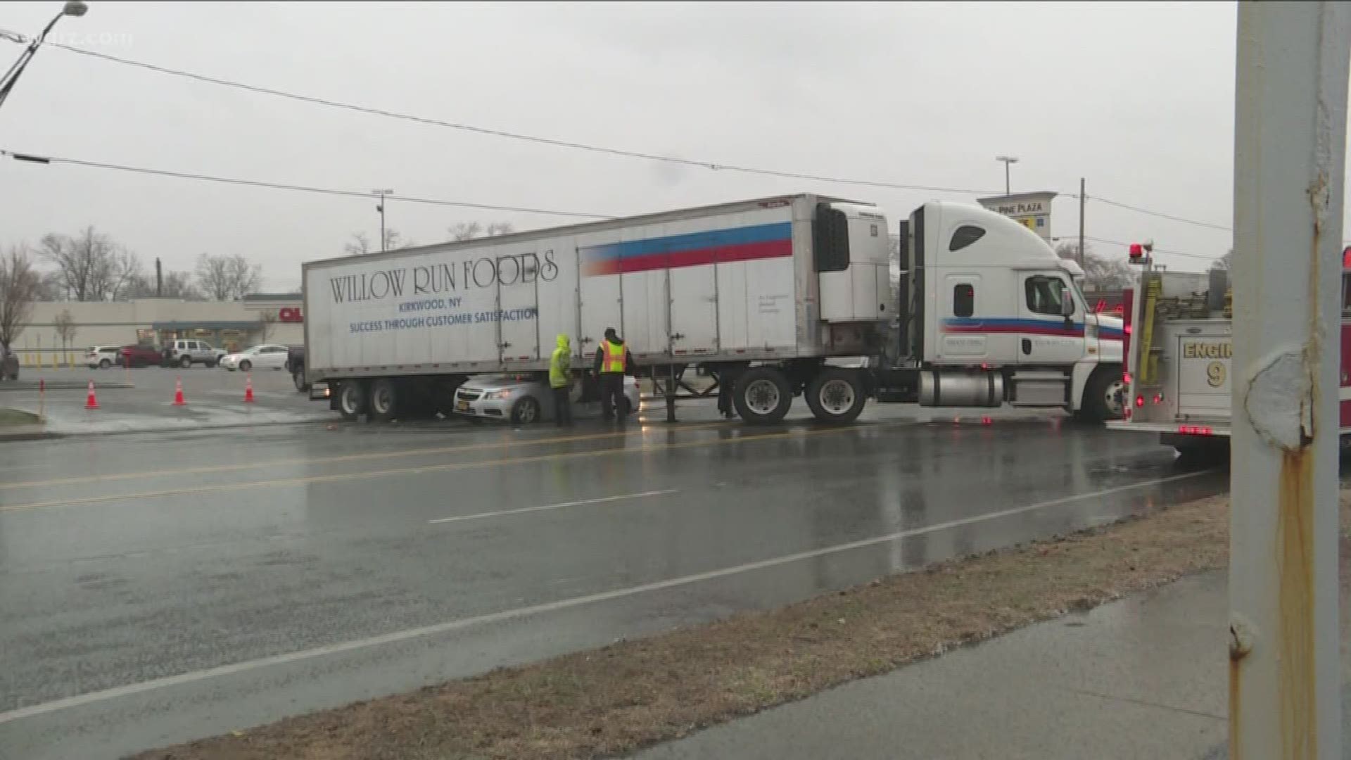 Police say one person was taken to the hospital after a car got pinned under a tractor trailer.
We don't yet know how badly that person was hurt.