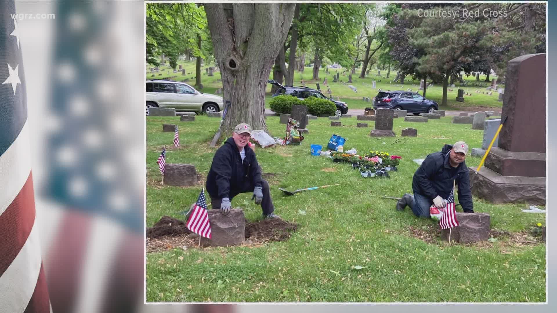 Today the Red Cross planted flowers at the Graves of Unclaimed World War one veterans at Riverdale Cemetery in Lewiston.