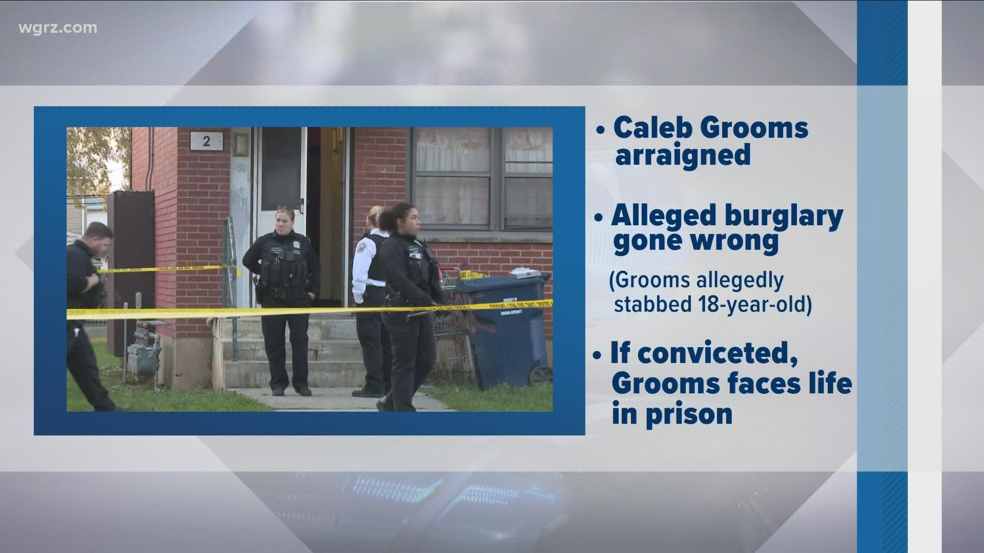 Caleb Grooms from Buffalo has been arraigned in murder charges after allegedly breaking into a house and allegedly stabbing an 18-year-old who later died.