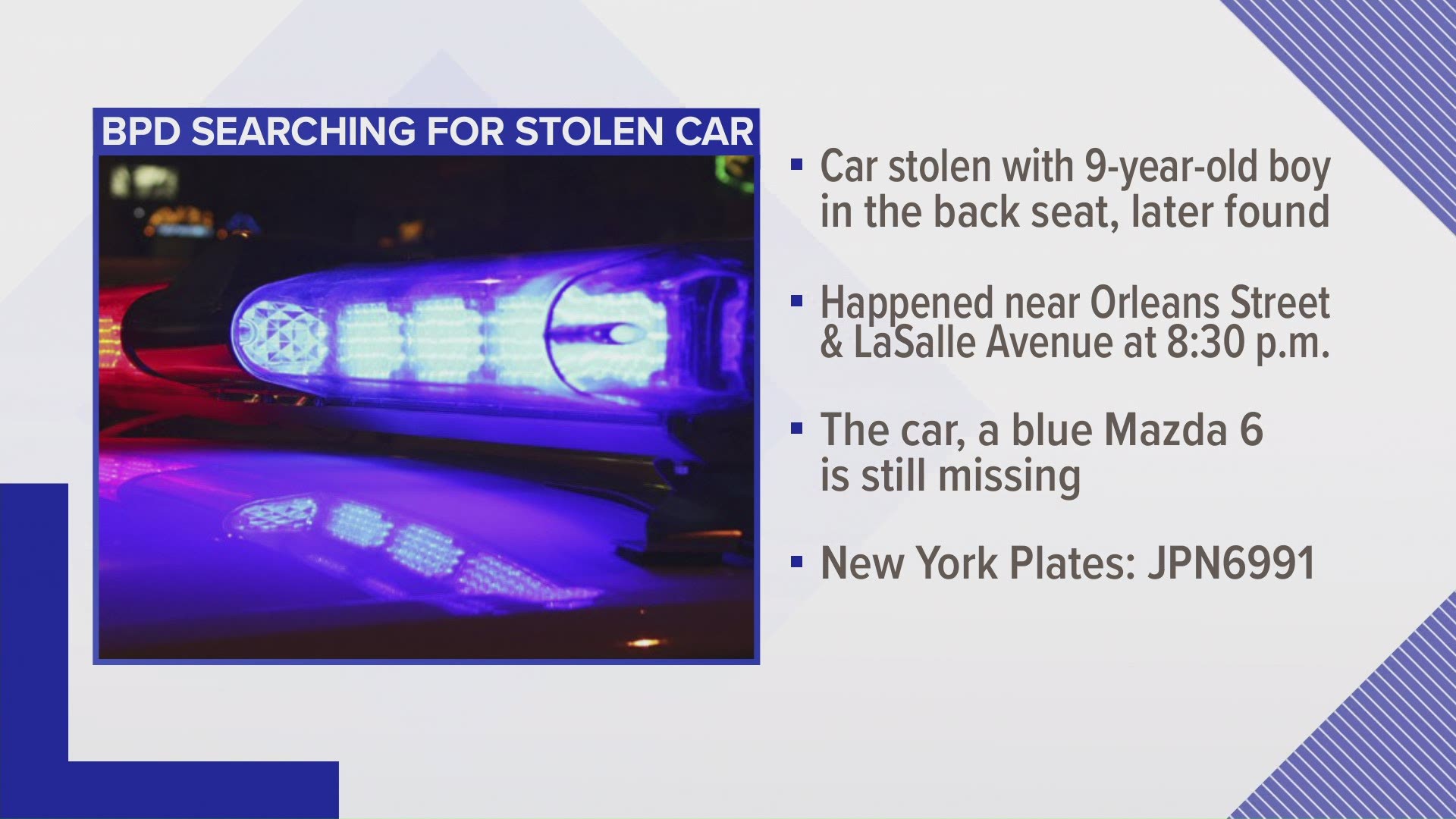 In a tweet Buffalo Police said they are investigating a car that was stolen around 8:30 tonight in the area of Orleans and Lasalle with the keys inside.