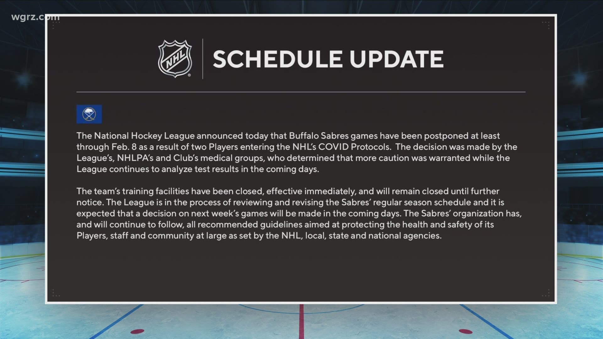 All of the Sabres' games from now through next Monday, February 8th have been postponed because two players have recently entered NHL Covid protocol.