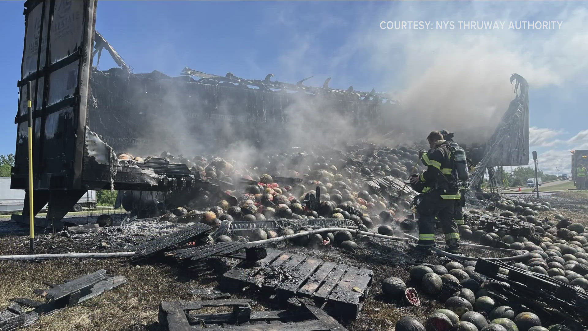 A tractor-trailer carrying a truckload of watermelons had caught fire on Thursday morning just before the Fredonia, Dunkirk exit on Interstate 90.