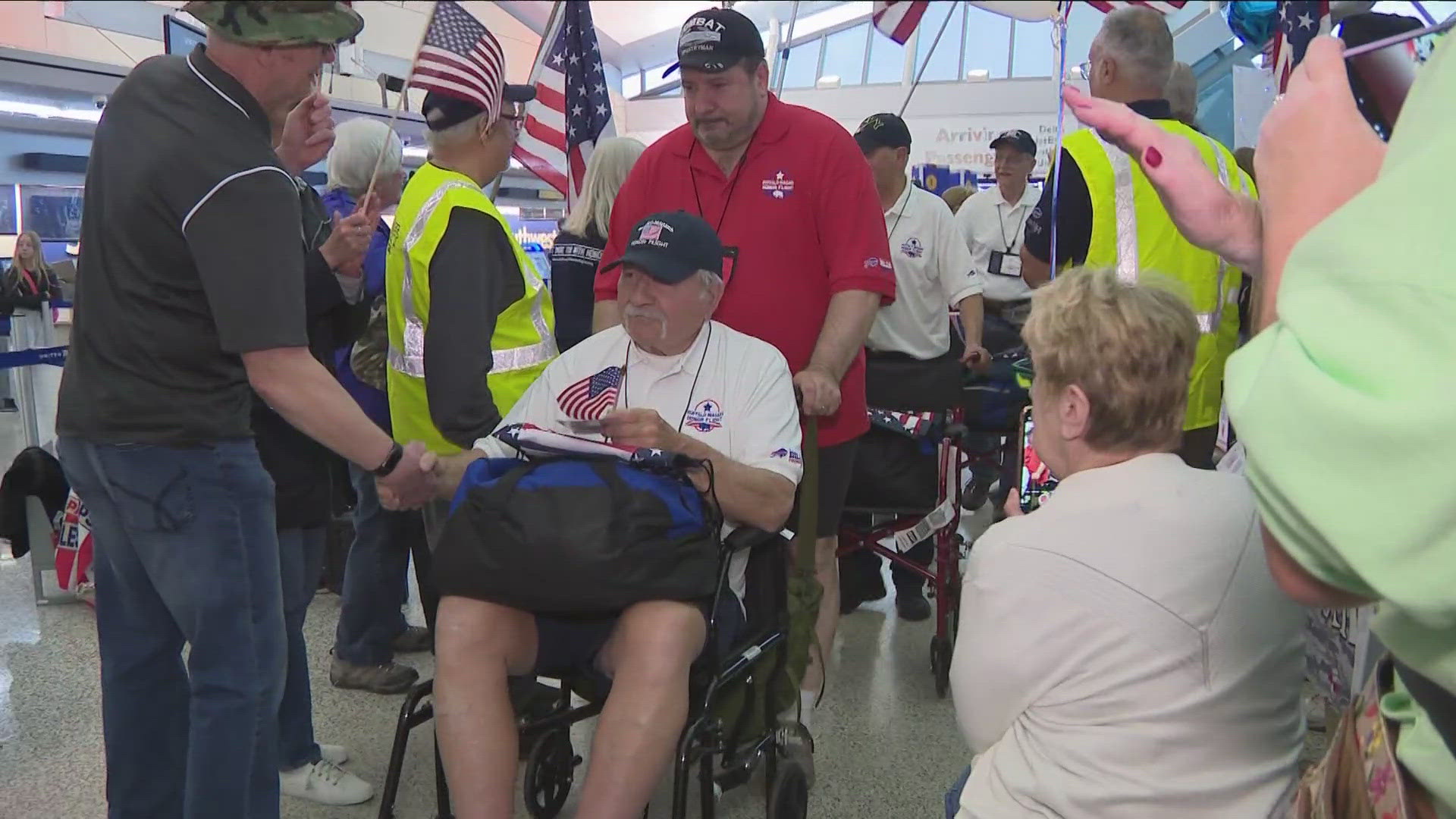 The regional Honor Flight organization held an emotional ceremony following the return of 36 vets that were flown to Washington DC to see their war memorials.
