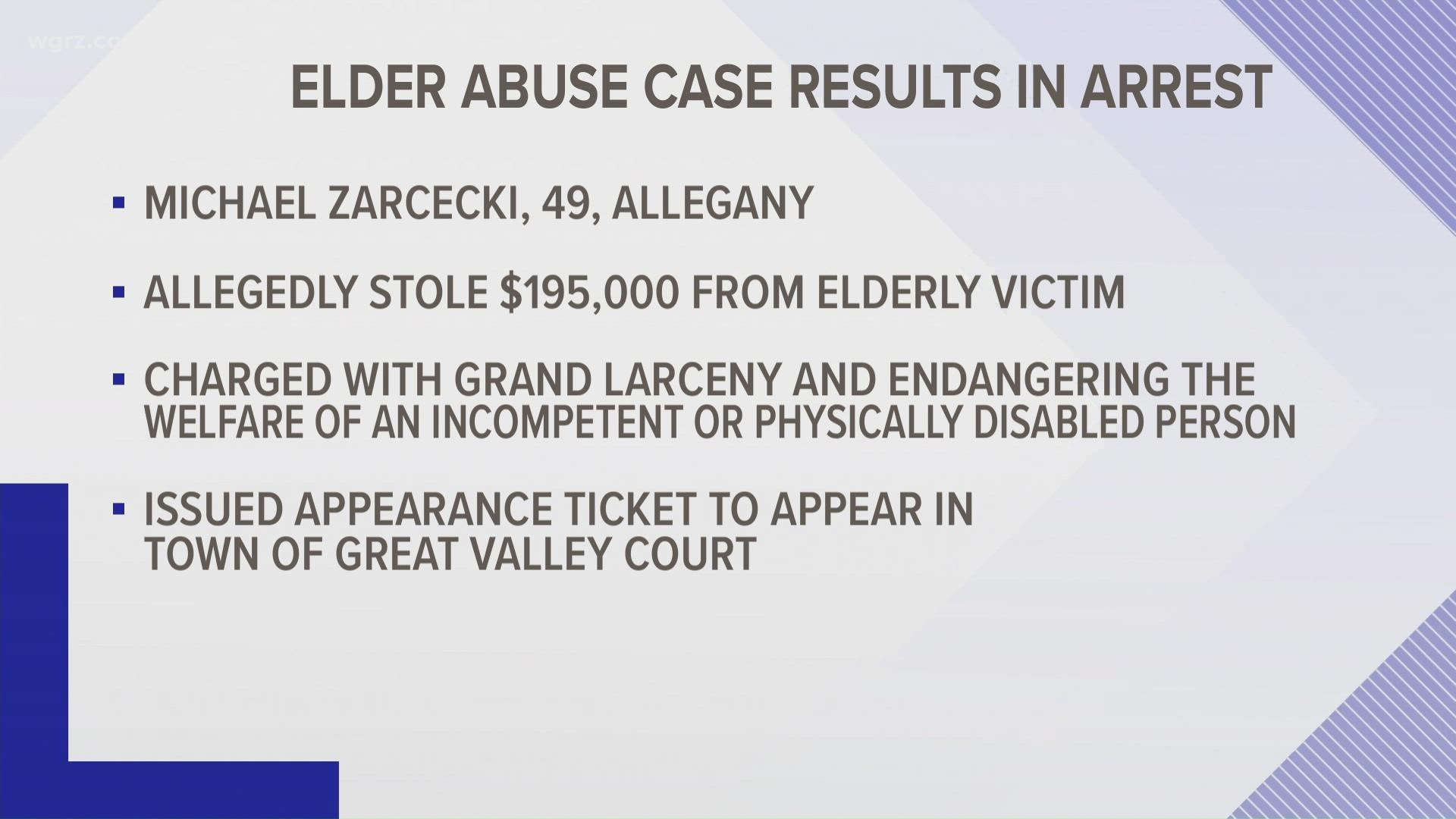 The sheriff's office says deputies arrested 49-year-old Michael Zarcecki of Allegany this week.
He's accused of stealing nearly $200,000 from an elderly victim.