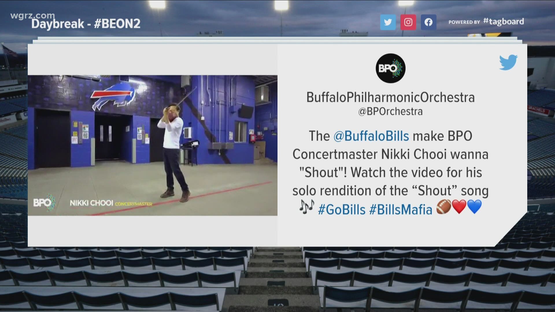 Buffalo Philharmonic concertmaster Nikki Chooi performed his solo rendition of the Shout song inside the tunnel at Bills stadium.