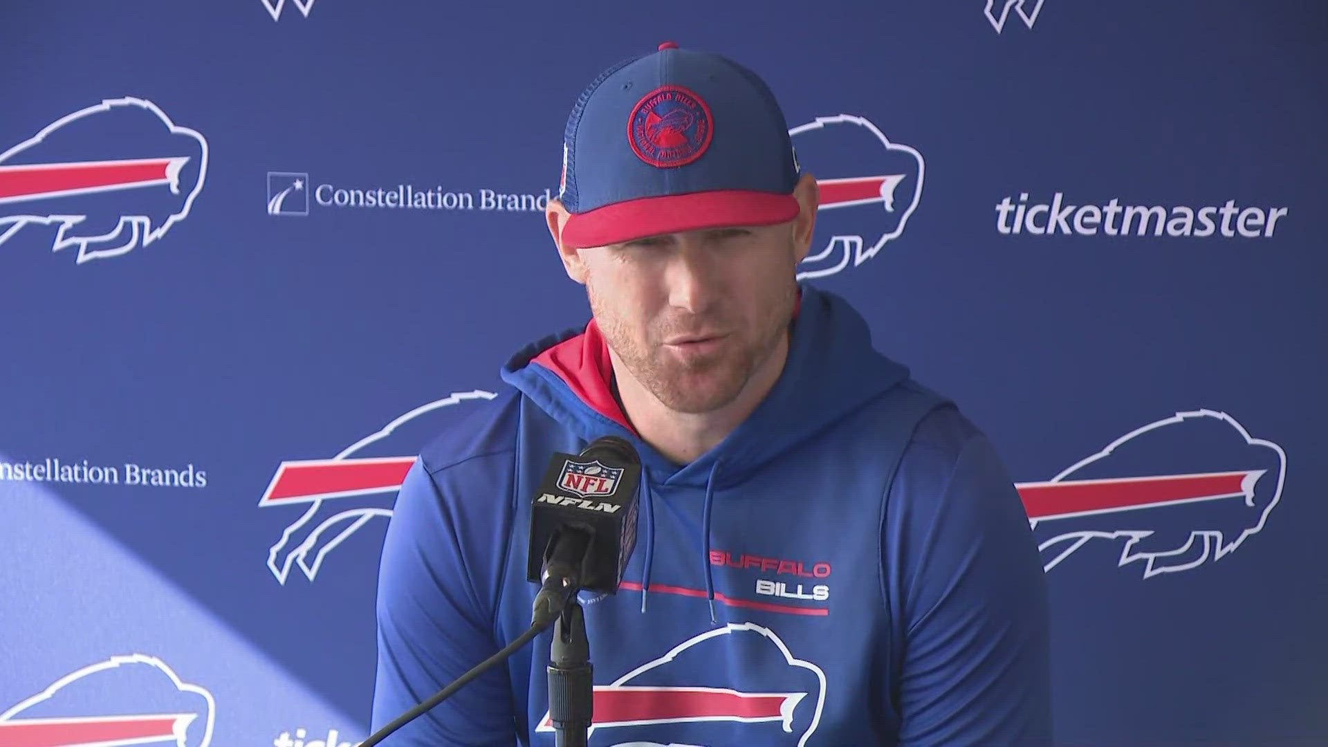 Buffalo Bills Joe Brady speaks at training camp day 2 -- 7/25/24