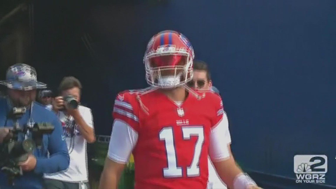 Josh Allen Wears Red Helmet at Return of Blue & Red