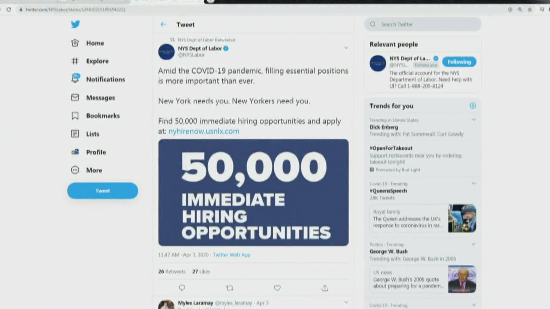 There are places looking to hire that need more people because of the outbreak. The state labor department sent this tweet today, with 50-thousand positions to fill.