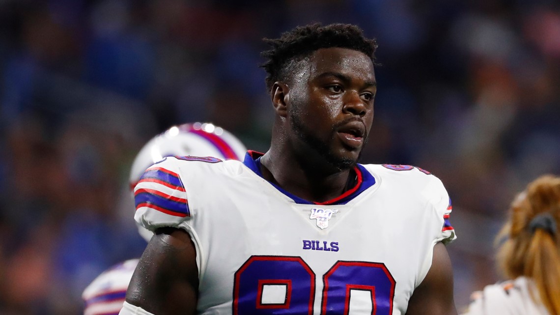 Buffalo Bills' Shaq Lawson, left, greets Denver Broncos' DeShawn Williams  during the first half of a preseason NFL football game, Saturday, Aug. 20,  2022, in Orchard Park, N.Y. (AP Photo/Jeffrey T. Barnes