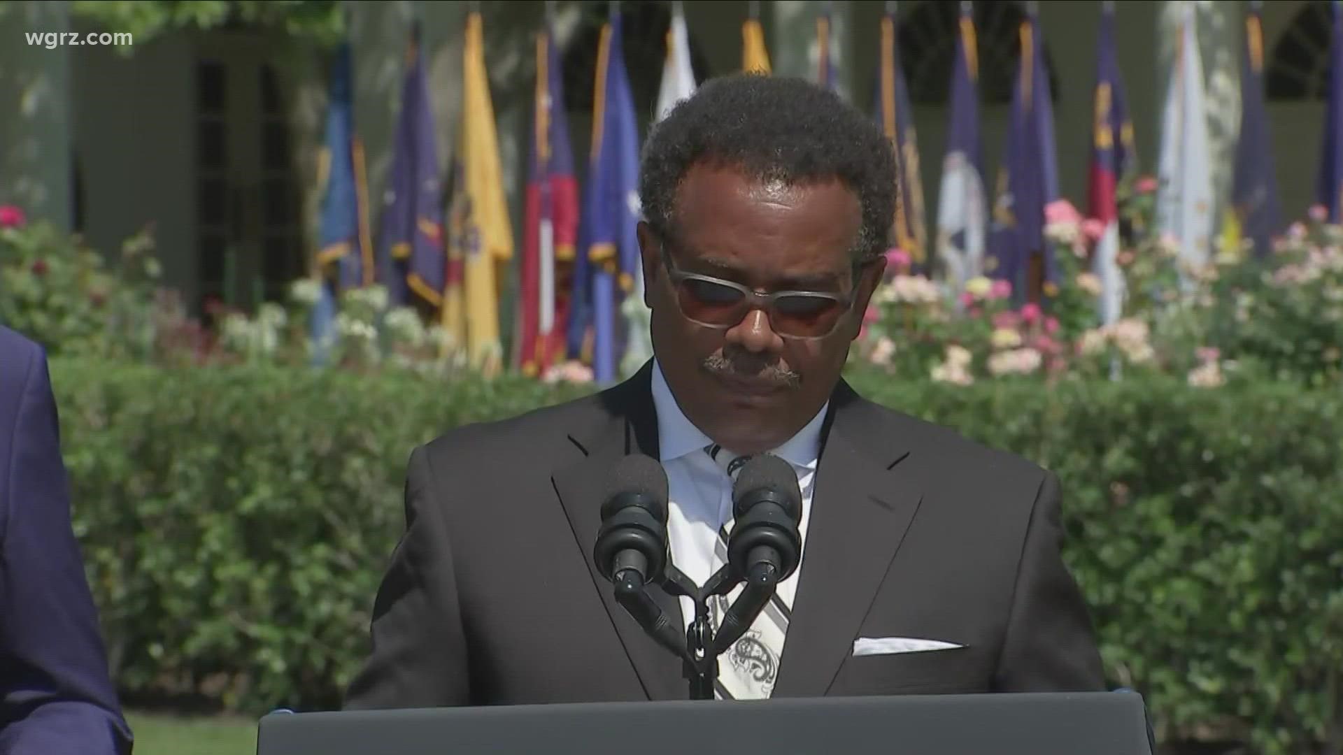 Former Buffalo fire commissioner Garnell Whitfield, whose mother was one of the ten victims of the Tops shootings spoke at the White House.