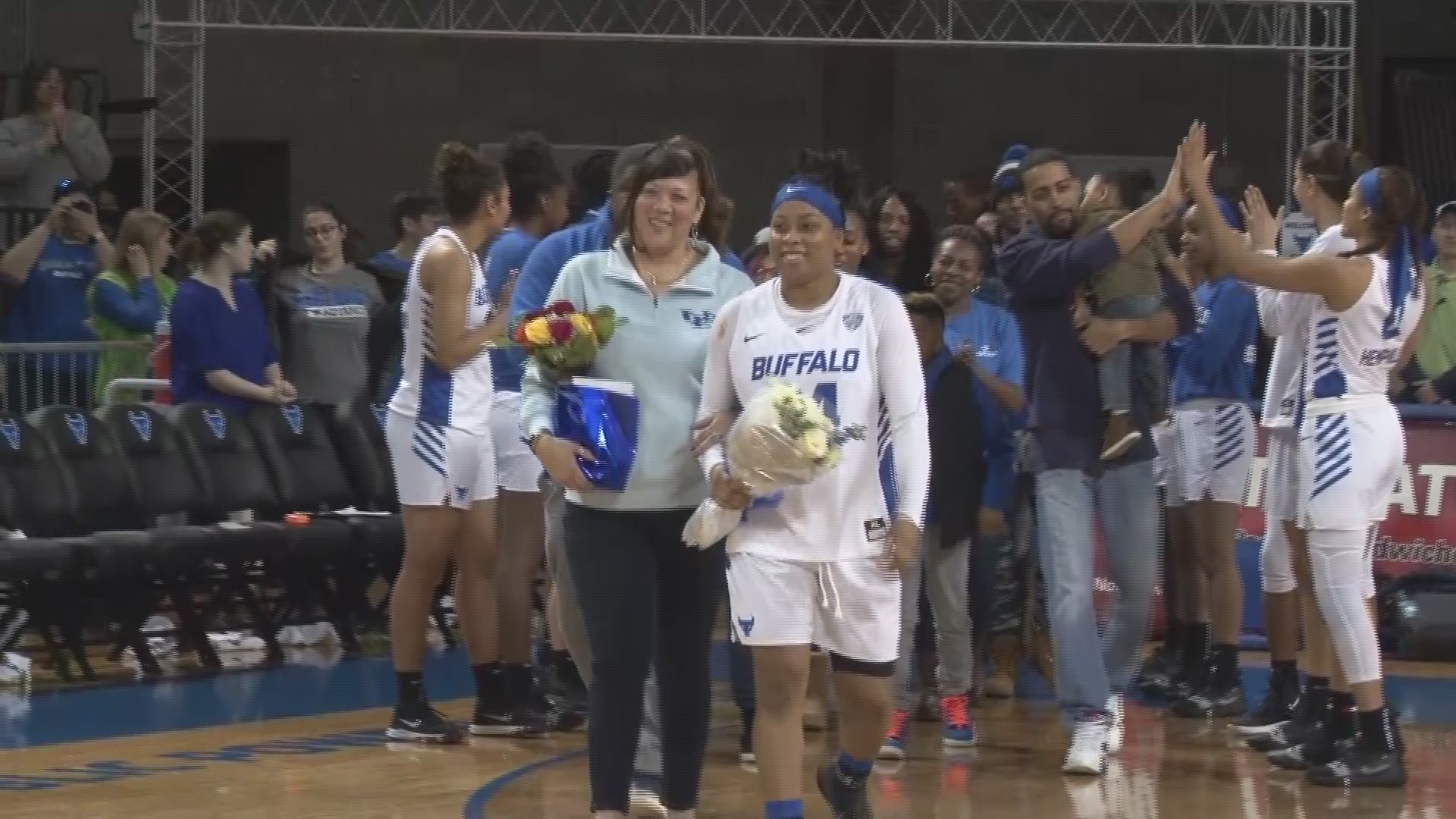 After an 86-61 win over MAC leading Miami (OH), UB celebrated its five seniors Cierra Dillard, Autumn Jones, Ayoleka Sodade, Brittany Morrison and Courtney Wilkins.