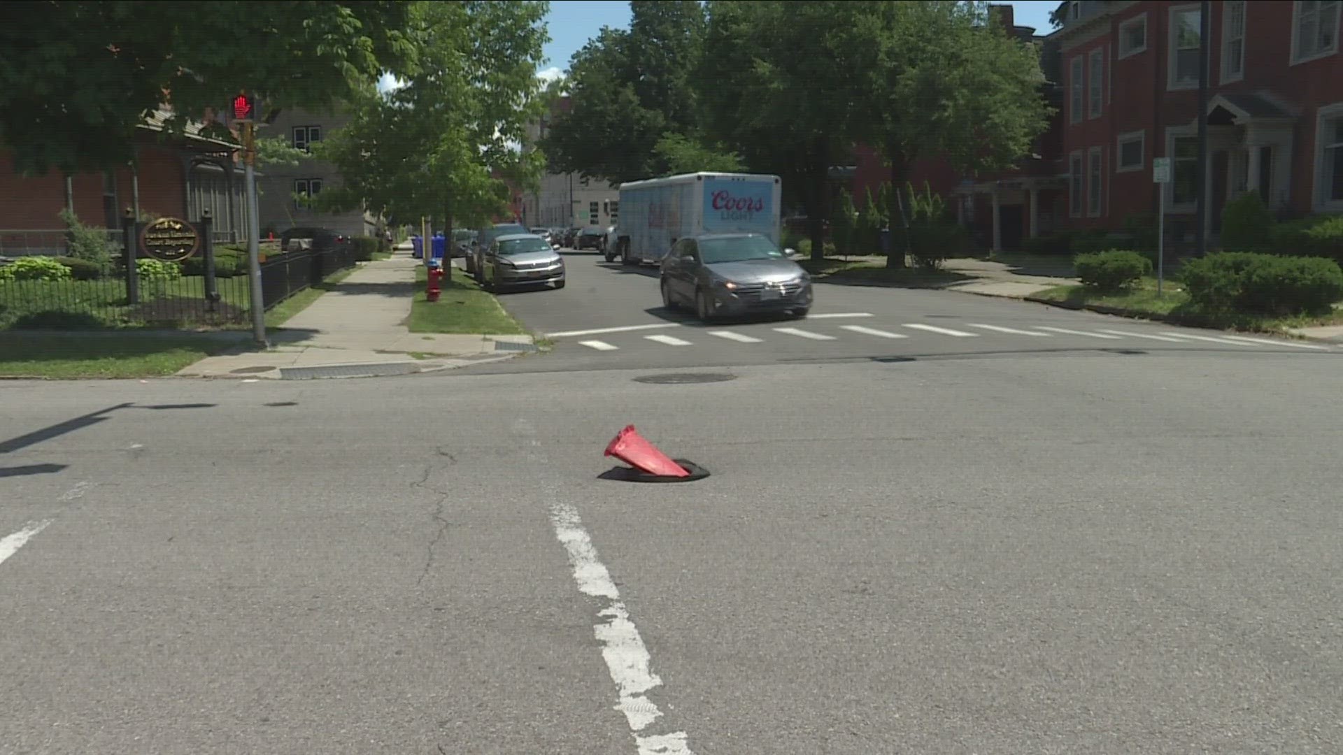 The Buffalo Department of Public Works is working on fixing potholes on Franklin Street.