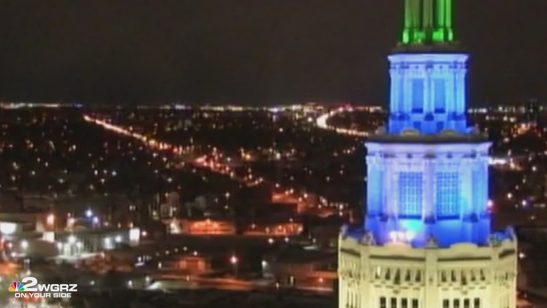 The Electric Tower is lit green and blue this Friday, February 28 for National Eating Disorders Week.