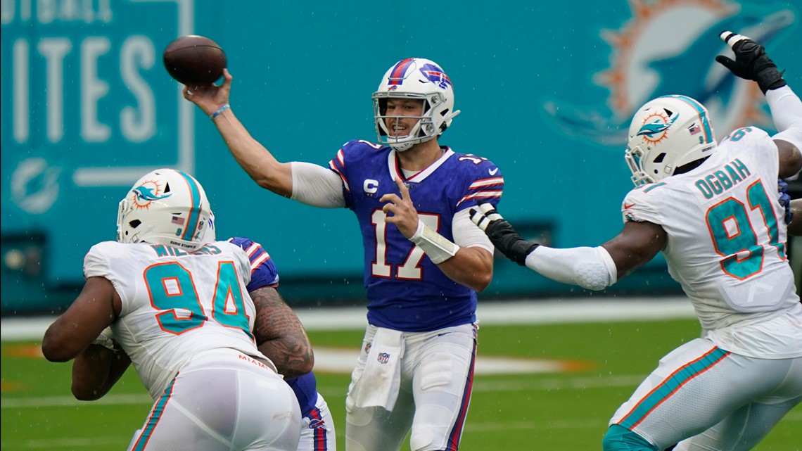 Jacksonville, United States. 07th Nov, 2021. Bills Quarterback Josh Allen  throws a shuffler pass in the first half as the Buffalo Bills compete  against the Jaguars at the TIAA Bank Field in