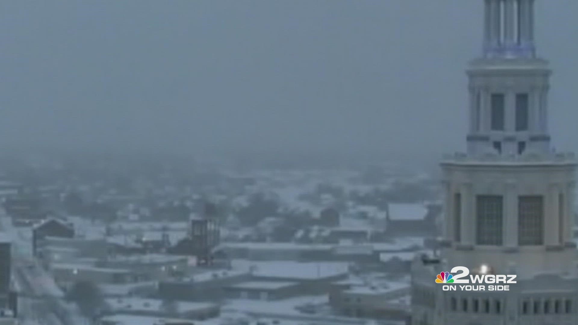 This time-lapse video spanning 60 minutes shows snow blowing across downtown Buffalo from around 4:30 p.m. to 5:30 p.m. on Saturday, Dec. 17