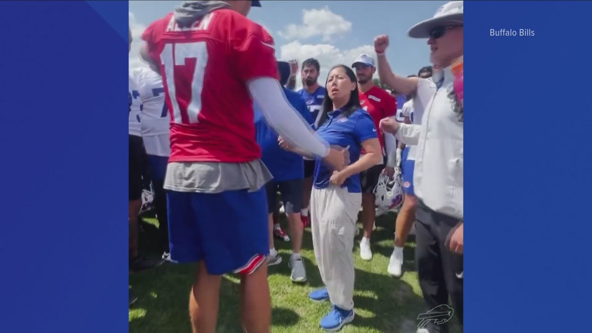 Co-owner Kim Pegula walked out onto the field to help break the team huddle at the end of practice on Friday.