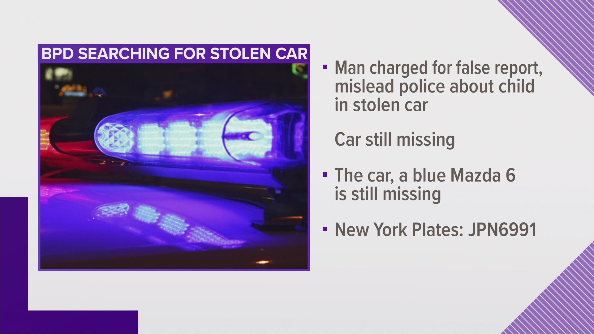 A Buffalo man has been charged with falsely reporting an incident after he told police Saturday night that his car, with a 9-year-old boy in the backseat.