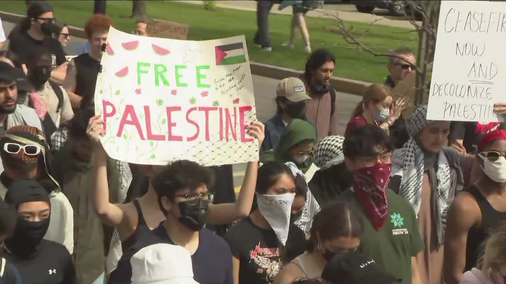 A larger demonstration, with speeches and a march on campus, included participants calling for the university to divest from Israel.