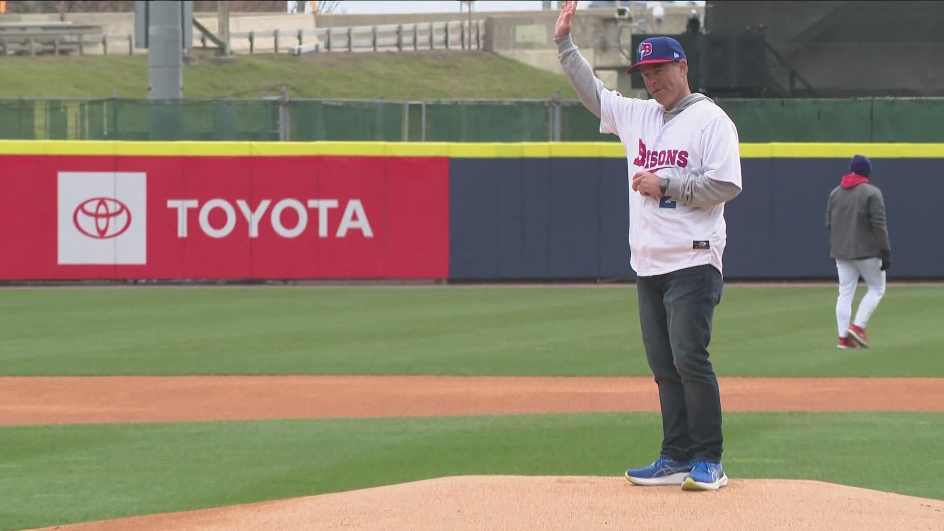 Bills general manager Brandon Beane threw out the first ceremonial pitch at the Bisons' season-opener on Friday.