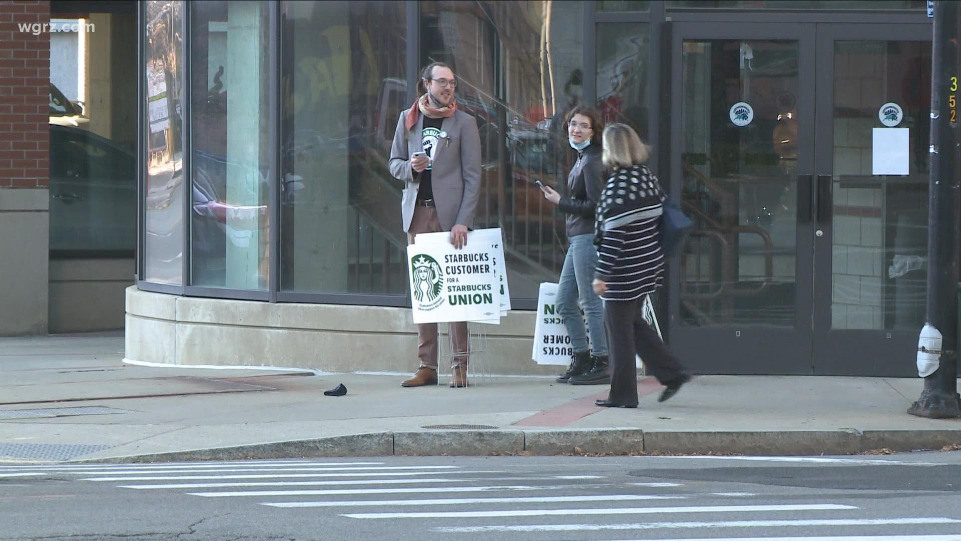 Starbucks locations in Buffalo closed early today from 5 until 7 as the former CEO came to town. The Starbucks Workers United are attempting to form a union.