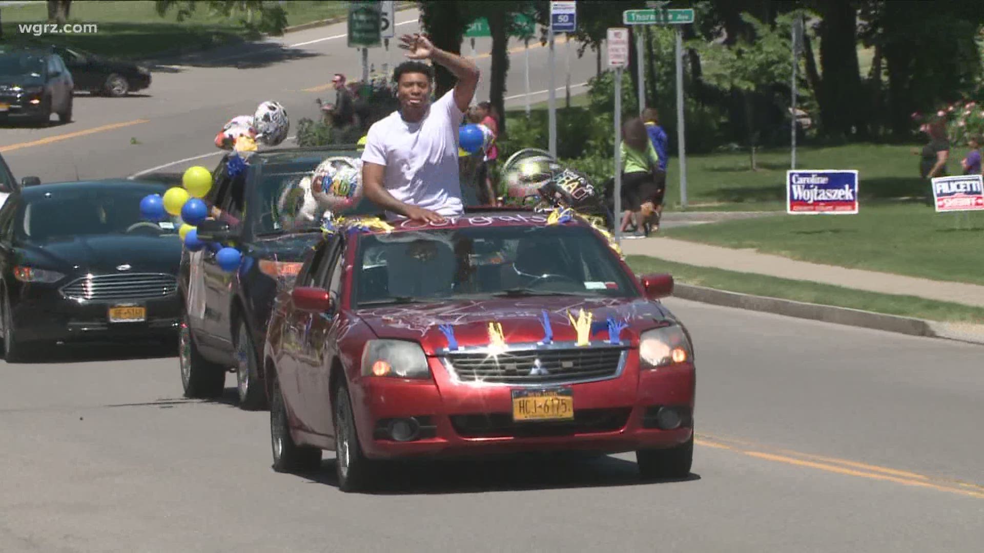 We got celebrations like this one in Niagara Falls today, a senior class parade with a long line of decorated cars driving through the community.