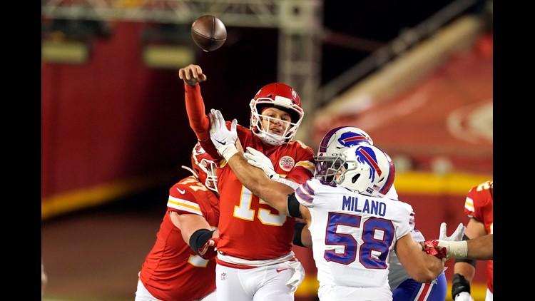 FILE - Buffalo Bills linebacker Matt Milano (58) tackles Kansas City Chiefs  tight end Travis Kelce (87) during the second half of the AFC championship  NFL football game in Kansas City, Mo.