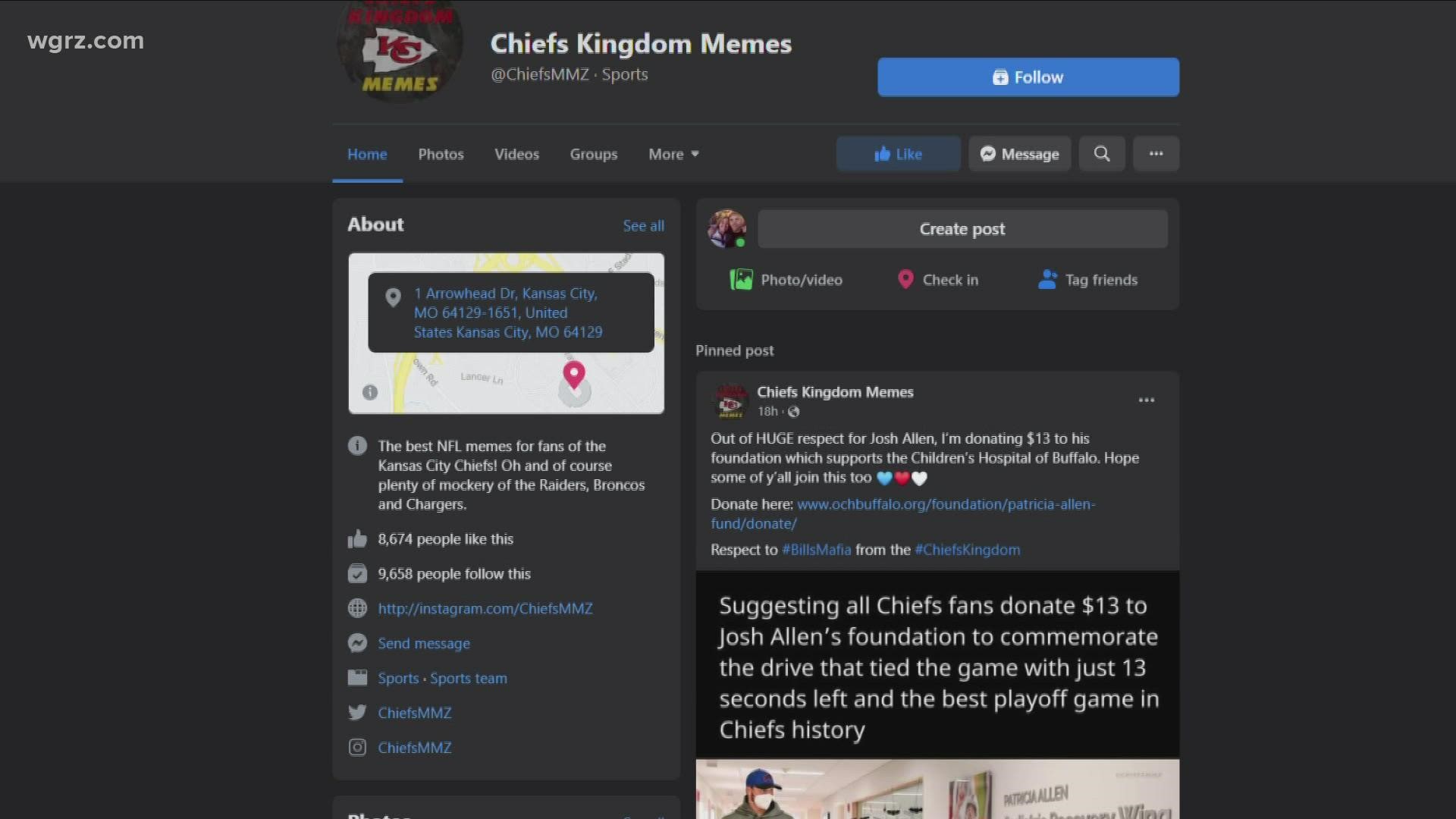 Facebook page called "Chief Kingdom Memes." the page told chiefs fans they should donate 13-dollars to the Patricia Allen fund at Oishei Children Hospital