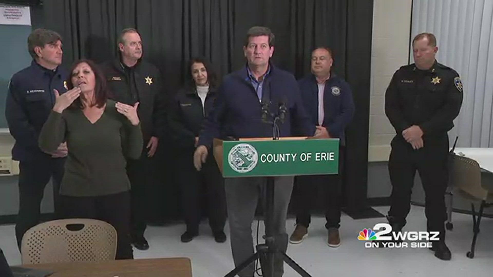 Erie County officials scheduled a 9 p.m. news conference to provide an update on the lake effect snow storm crossing the region.