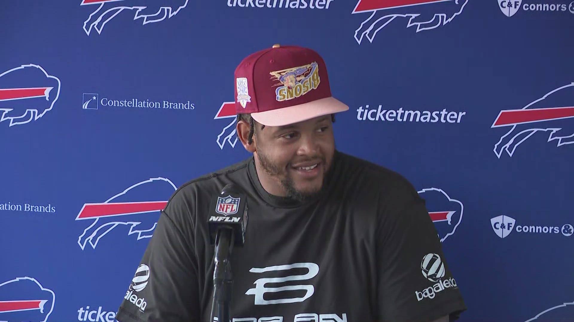 Dion Dawkins talks to media at Bills training camp