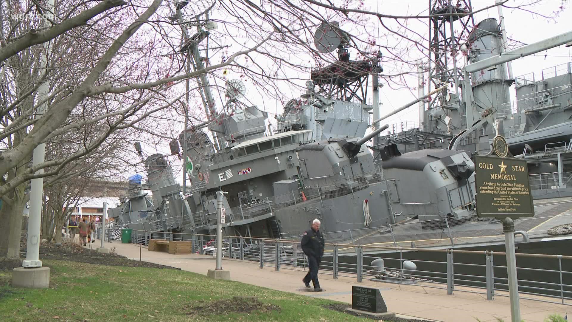 The decommissioned destroyer continues to take on water and is badly listing to the side at the Buffalo and Erie County Naval & Military Park.