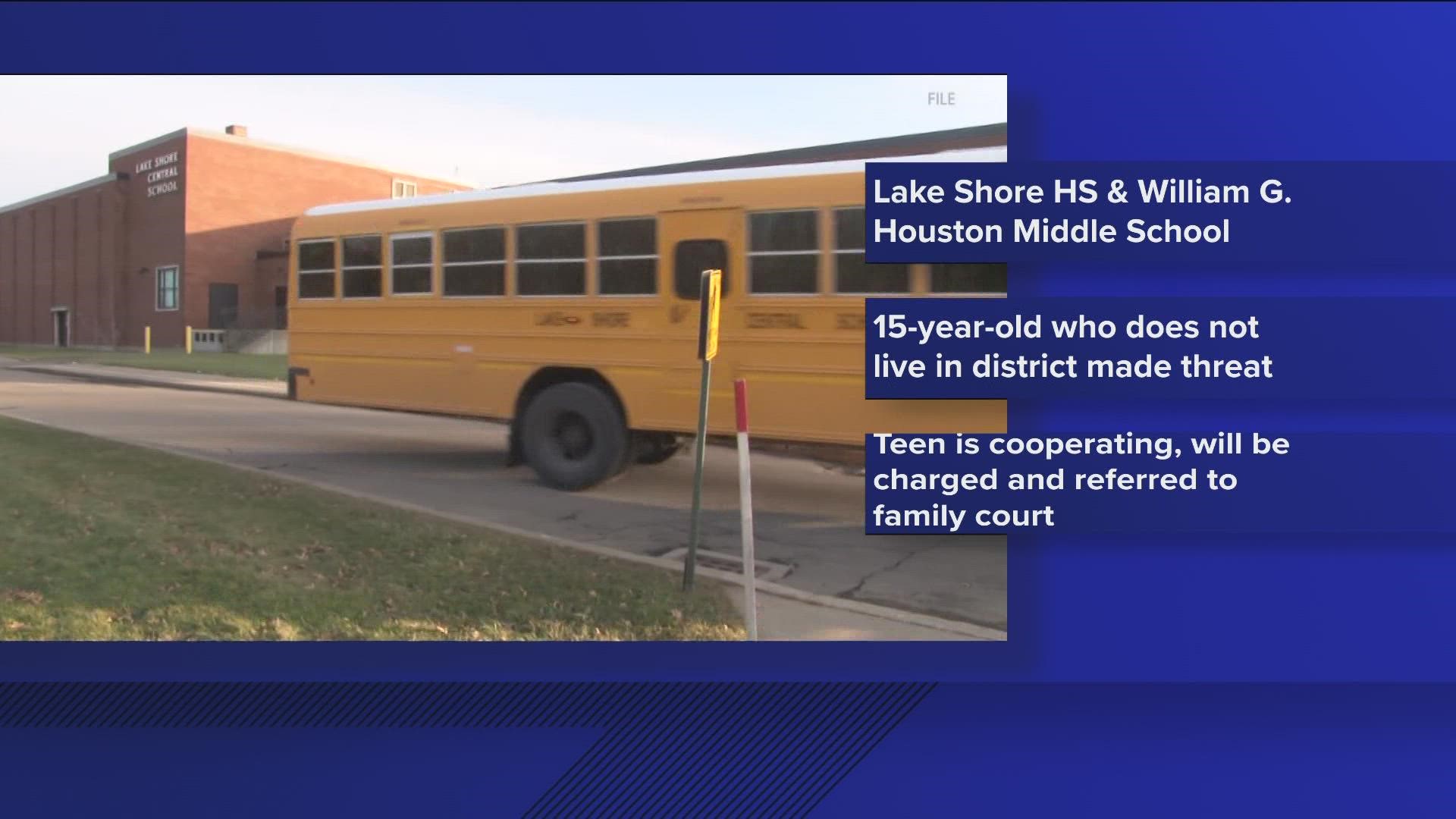 Police say a 15-year-old who does not live in the Lake Shore Central School District made the threat.