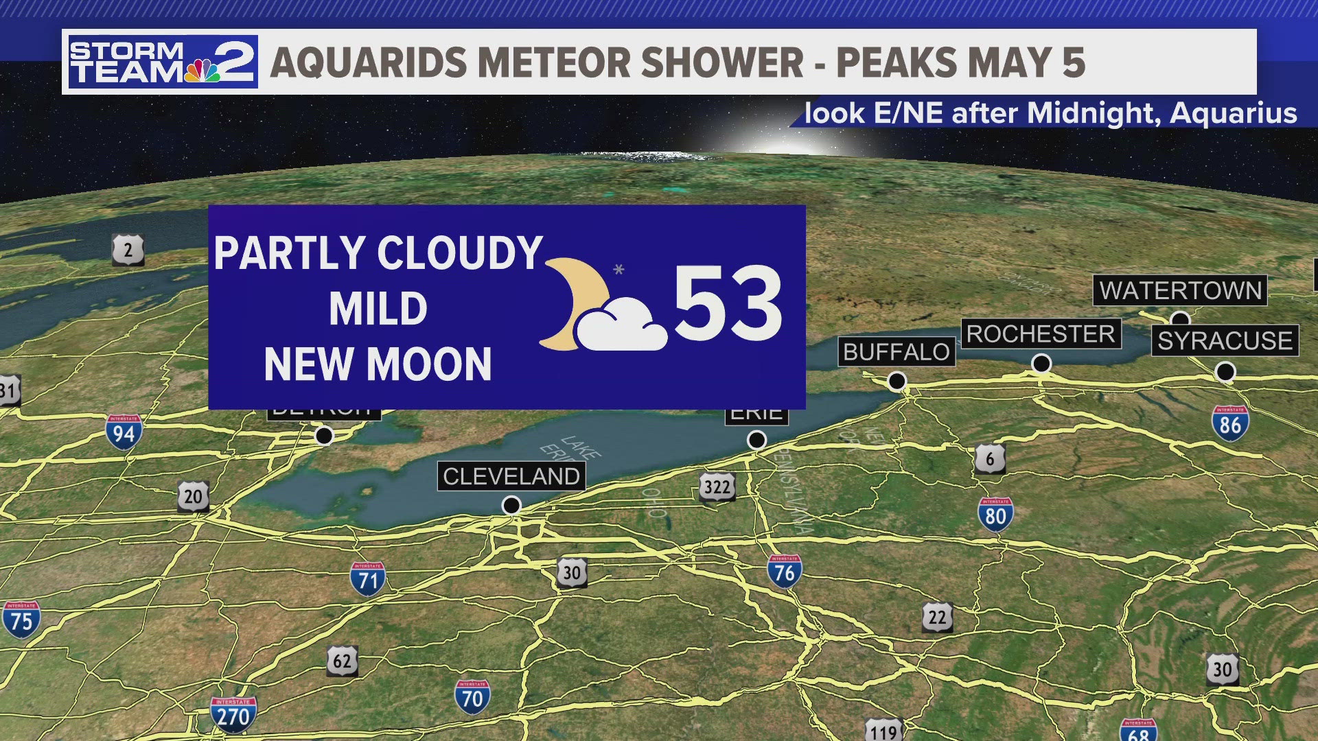 Rounds of rain but some partial clearing at times for a meteor shower peaking this weekend.