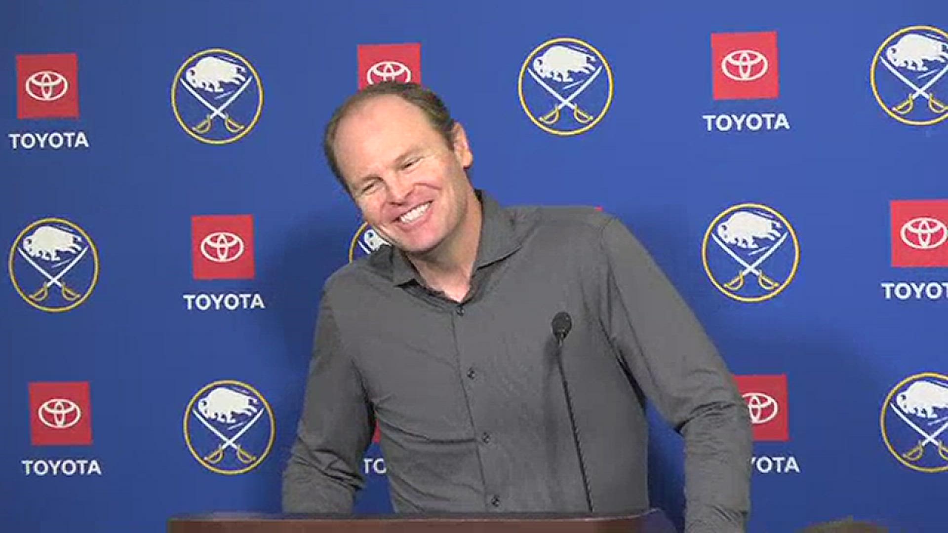 Buffalo Sabres general manager Kevyn Adams speaks with the media on Thursday, Feb. 9, 2023.