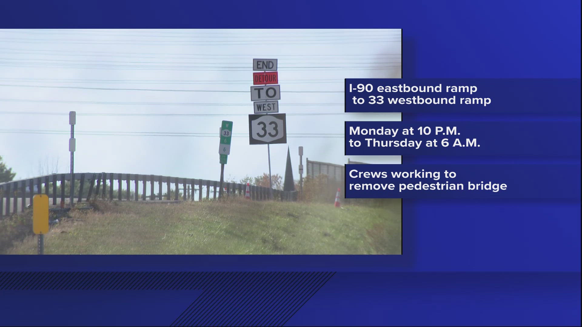 Starting 10pm Monday, the I-90 eastbound ramp to Rte. 33 will be closed, to finish removing a pedestrian bridge.  Detours will be posted.