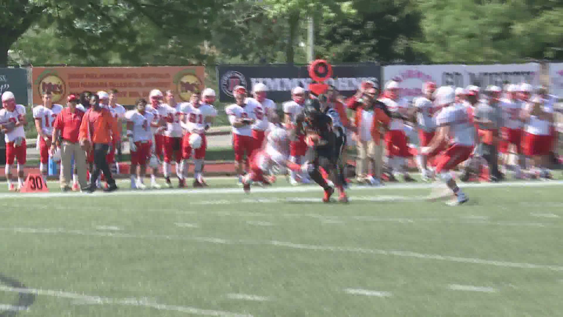Dale Stewart ran for four touchdowns including the game winner late in the fourth quarter as Buffalo State College came from behind to beat Otterbein in the season opener for the Bengals.