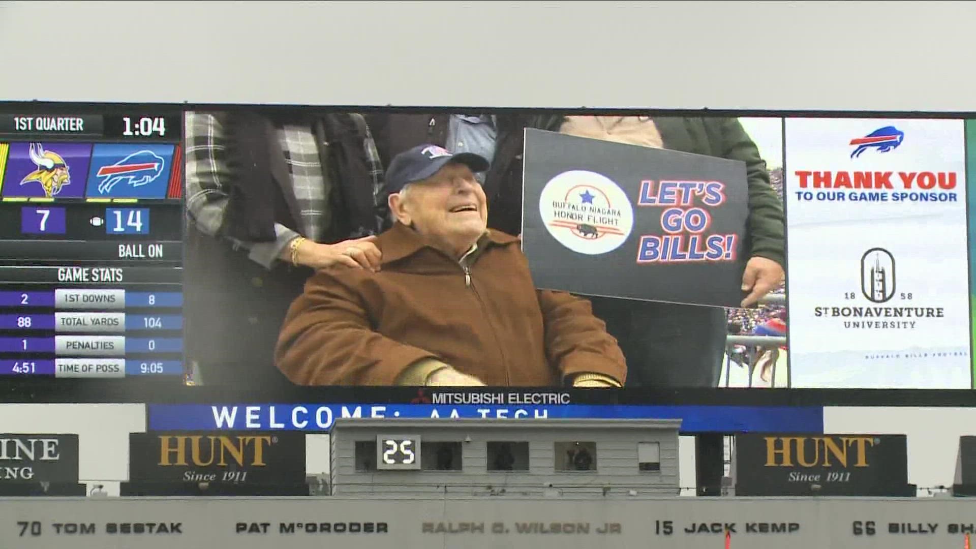 A local World War II veteran was honored at the Buffalo Bills' Salute to Service game. He has lived in WNY all his life and has never been to a game until today.