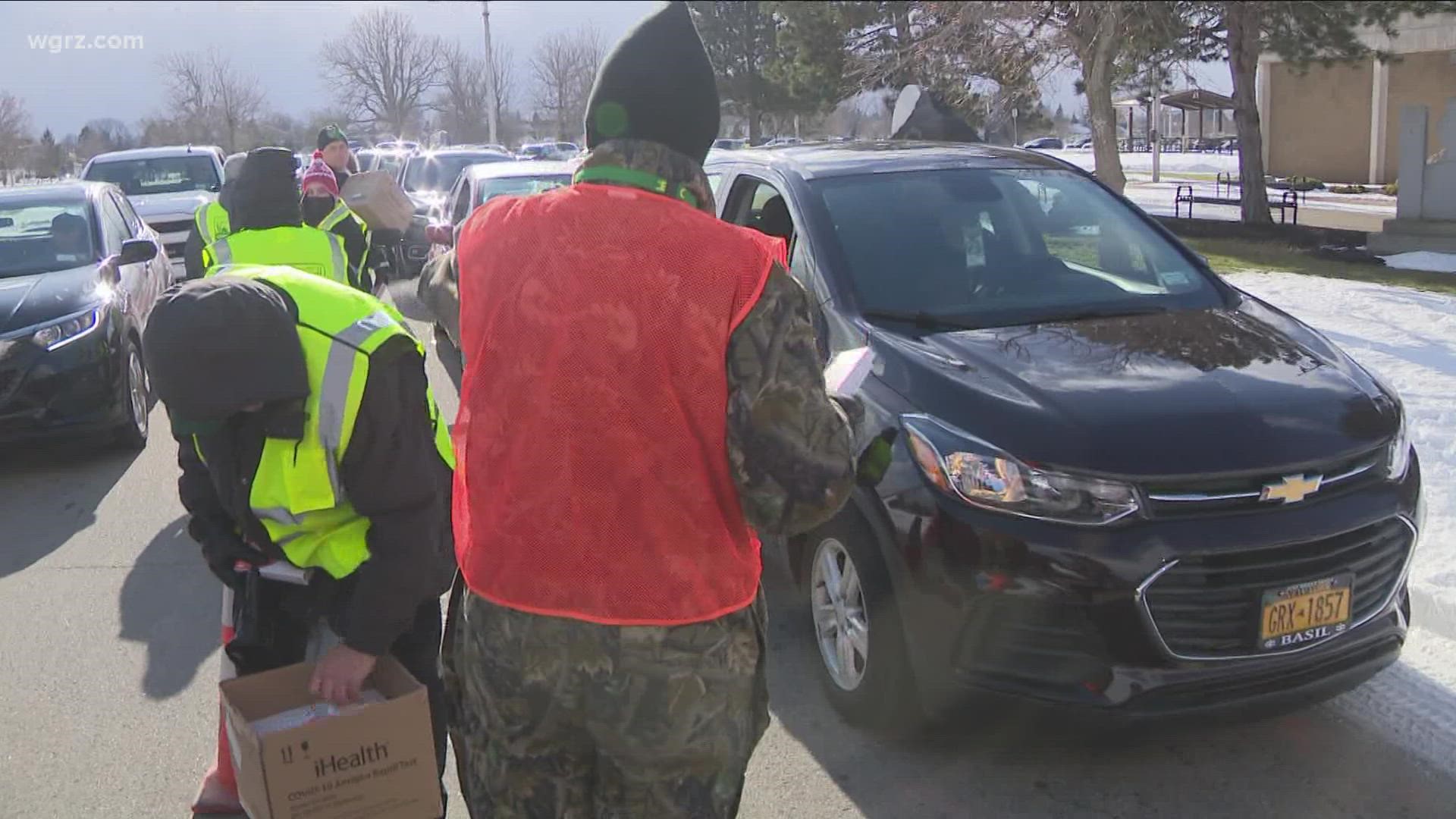 Each kit has two tests in it and kits were given to the municipalities based on population. Cars lined up on Harlem Road before the giveaway in Cheektowaga Monday.