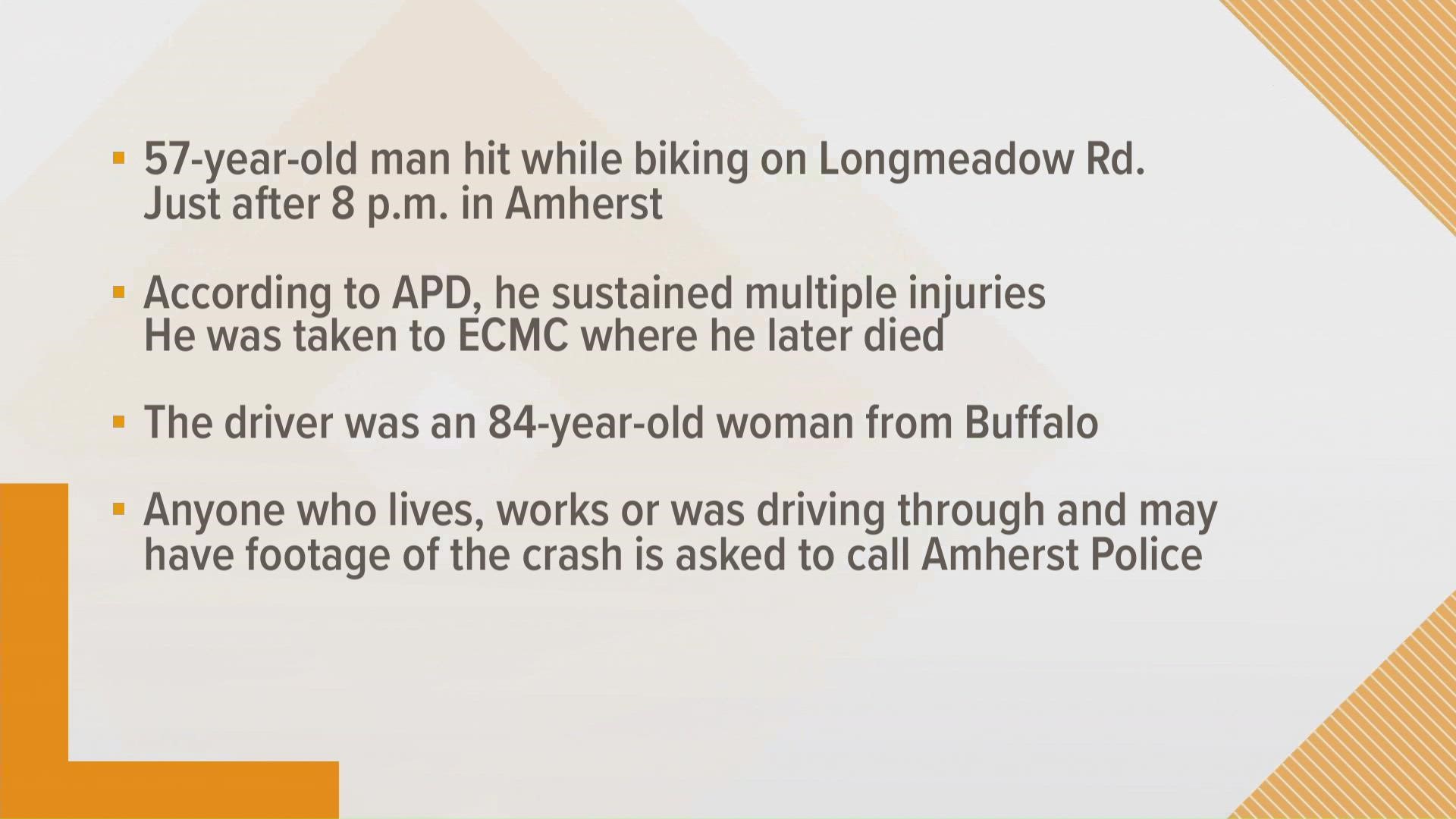 According to Amherst Police, a 57-year-old man was riding his bike on Longmeadow Road when he was hit by a car just after 8 p.m.