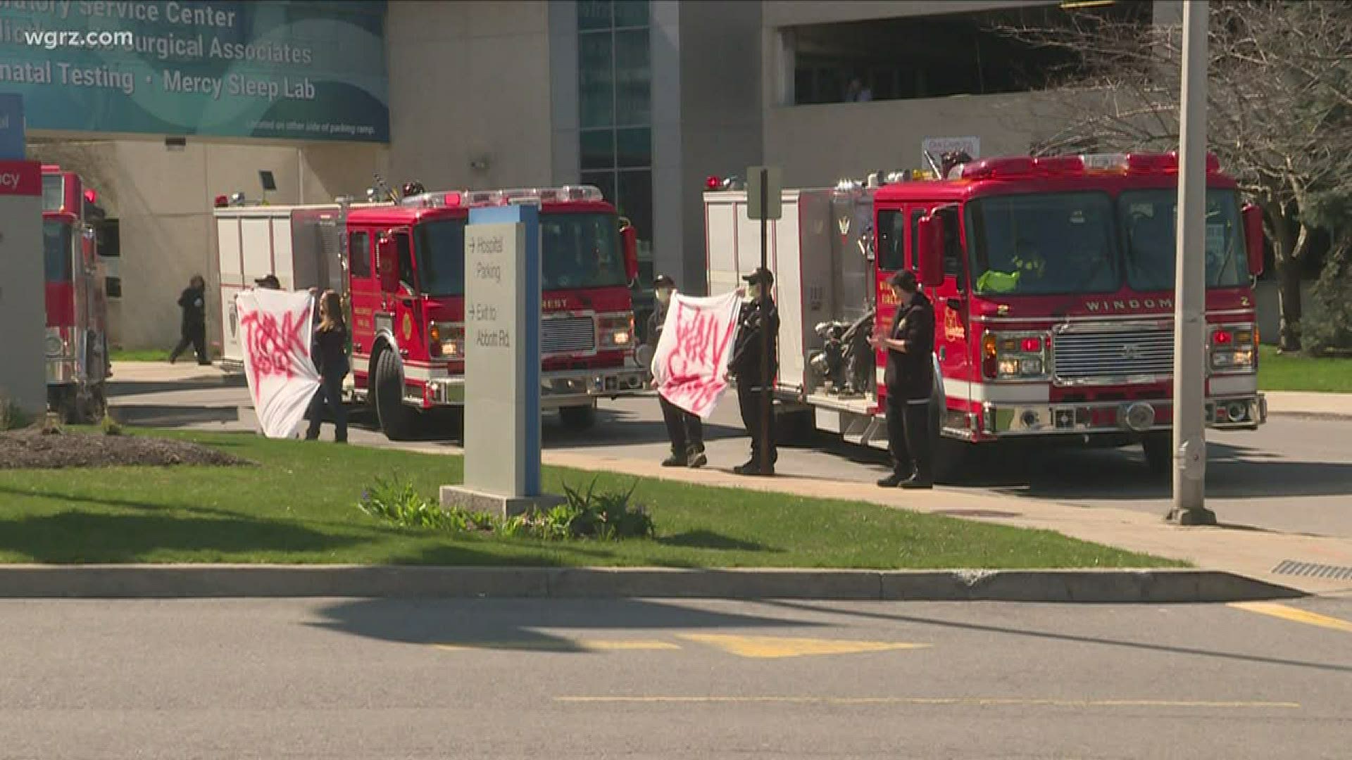 Fire departments from all over Orchard Park got together in a convoy this afternoon to drive by Mercy Hospital on South Buffalo and cheer on the staff.