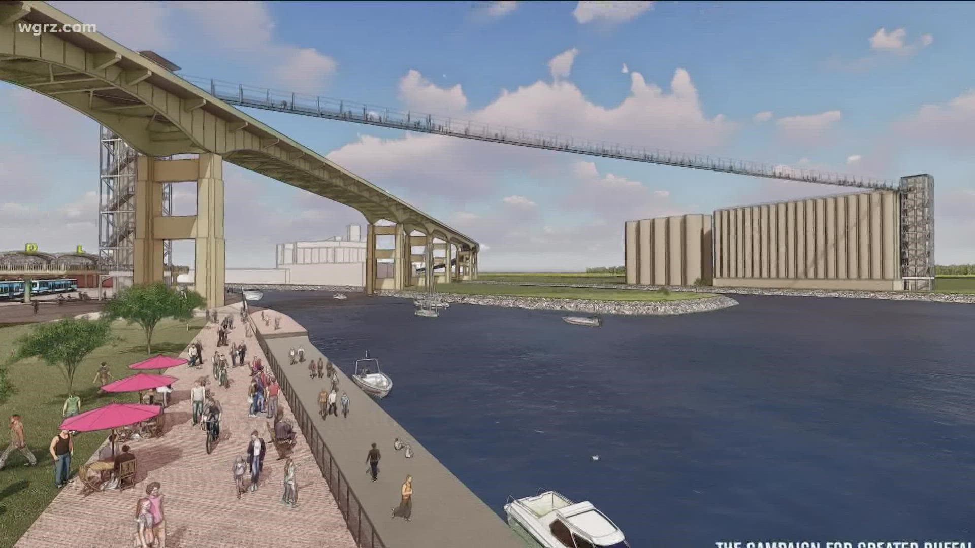 An 800 foot suspension bridge would run between the foot of Main Street at the DL&W Terminal to a grain elevator on the other side of the Buffalo River.