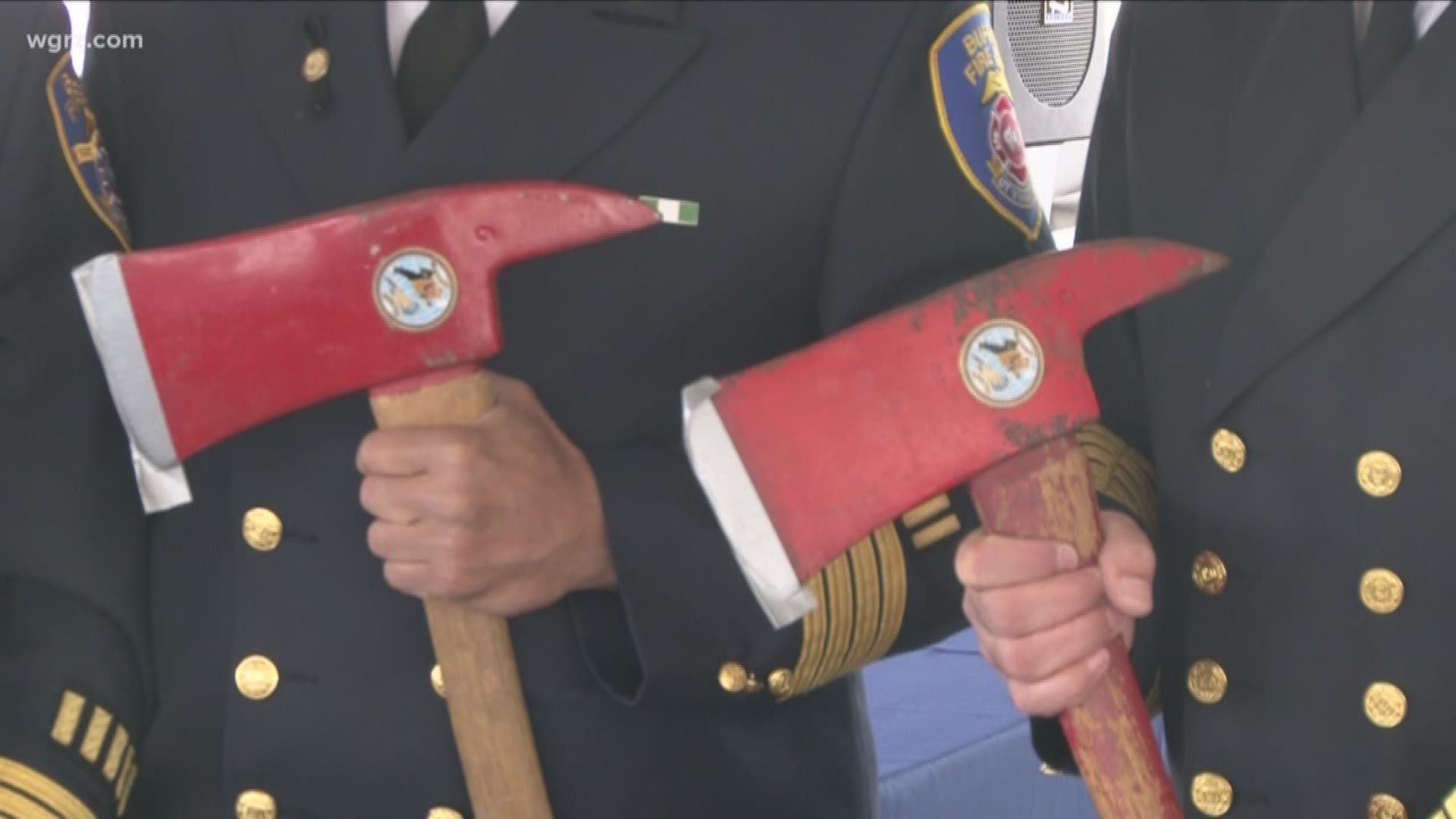 The axes were donated to the Main-Transit Fire Department, the Buffalo Fire Department, and the Edward M. Cotter boat during a ceremony.